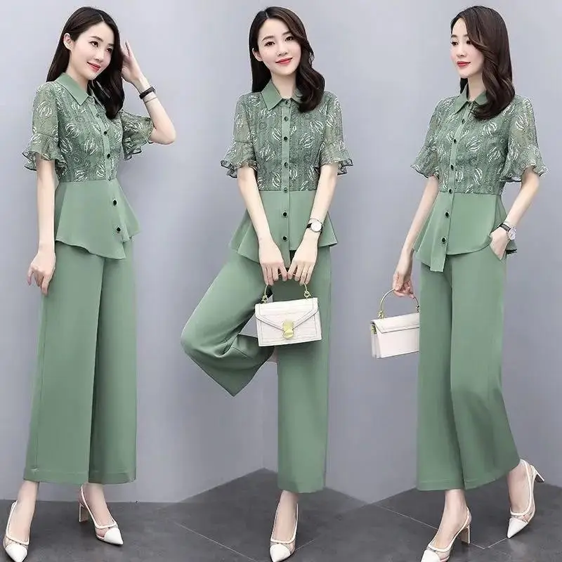 Women's 2-Piece Summer Suit Teal Wide Leg Pants - Image 3