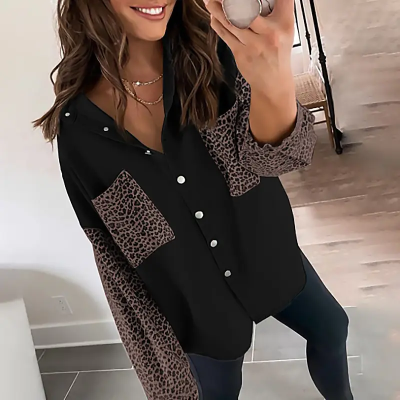 Light Blue Leopard Print Long Sleeve Button Top Large — feature 14