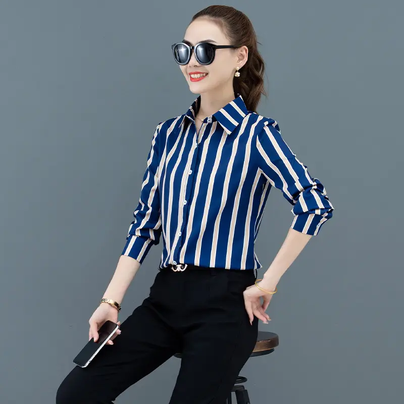 Women Long Sleeve Striped Business Shirt Blue White Large - Image 3