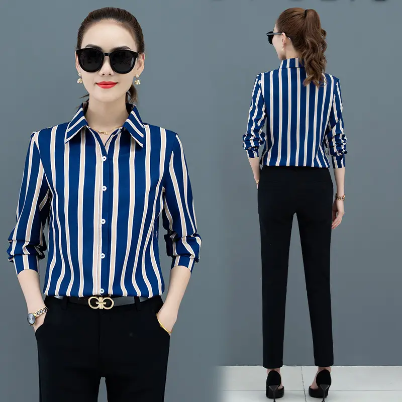 Women Long Sleeve Striped Business Shirt Blue White Large - Image 5