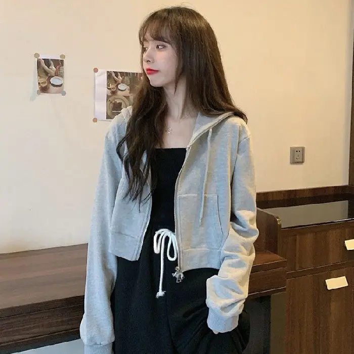 Women Pink Hooded Sweatshirt Short Sleeve Zipper Cardigan - Image 5