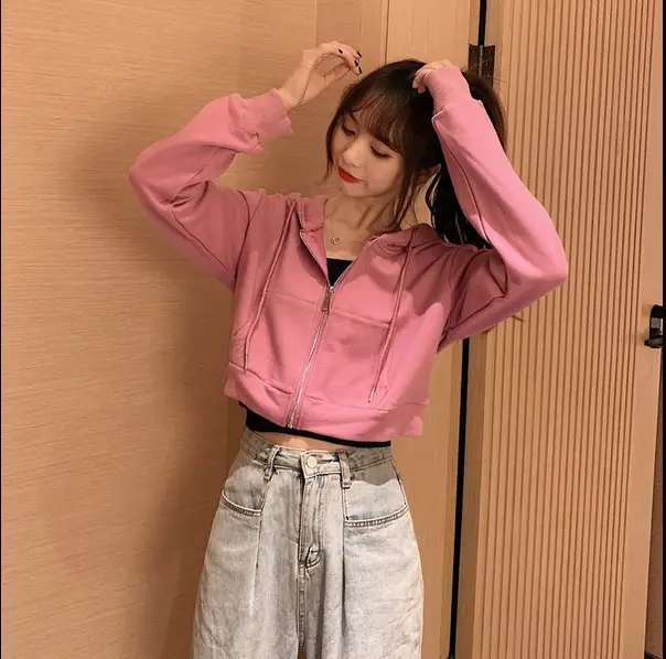 Women Pink Hooded Sweatshirt Short Sleeve Zipper Cardigan - Image 7
