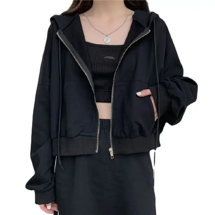 Women Pink Hooded Sweatshirt Short Sleeve Zipper Cardigan - Image 8