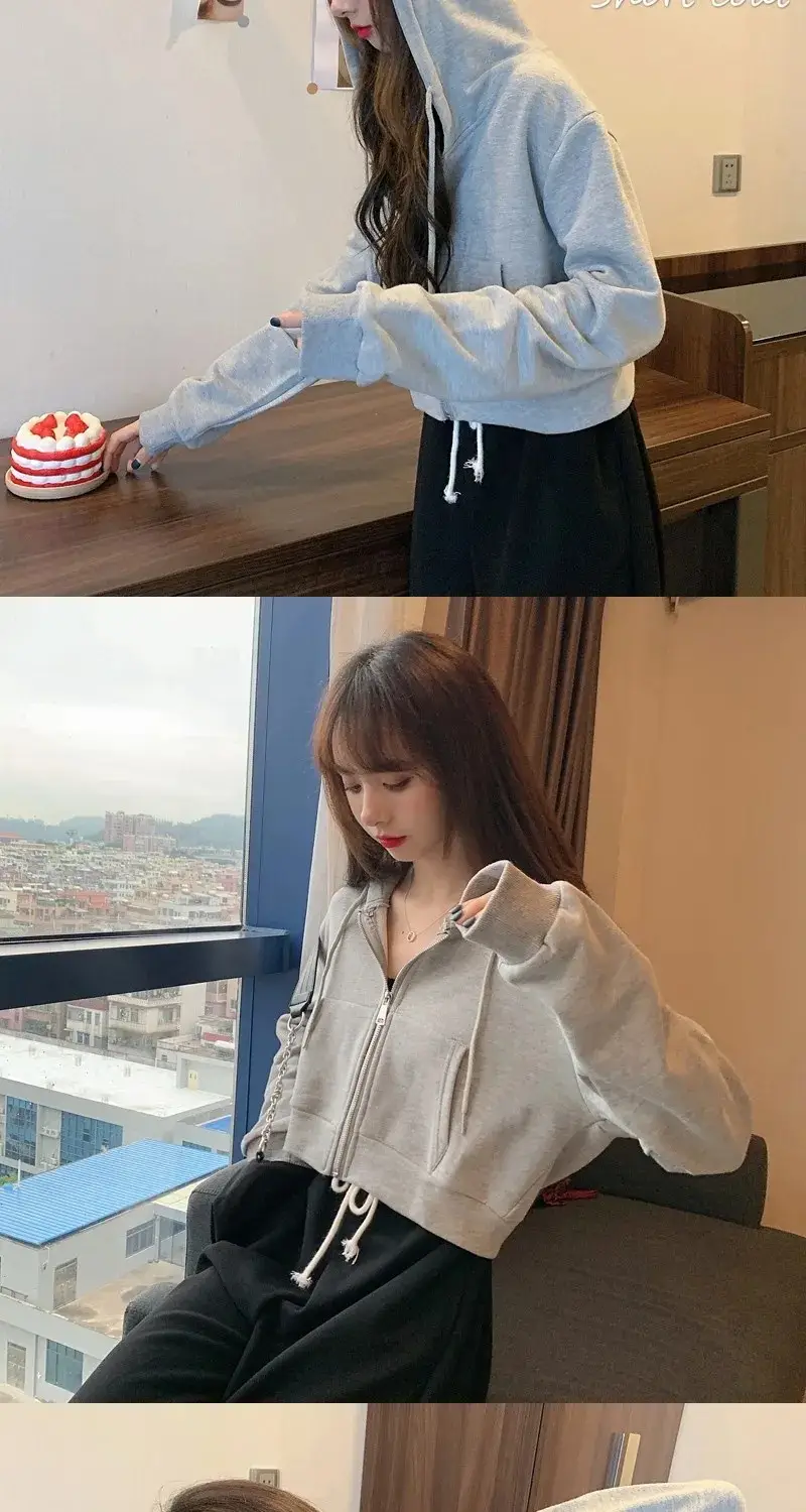 Women Pink Hooded Sweatshirt Short Sleeve Zipper Cardigan — feature 11