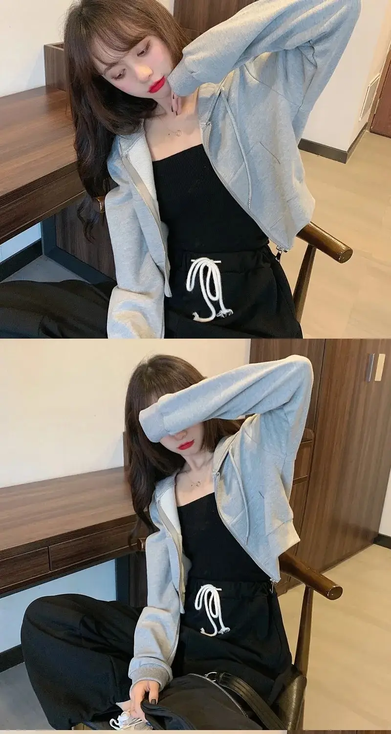 Women Pink Hooded Sweatshirt Short Sleeve Zipper Cardigan — feature 12