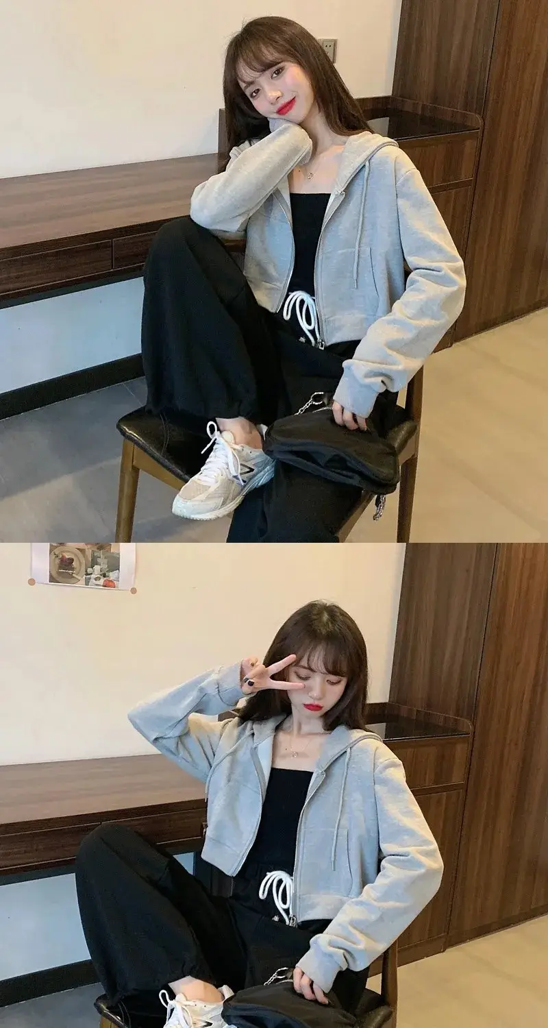 Women Pink Hooded Sweatshirt Short Sleeve Zipper Cardigan — feature 13