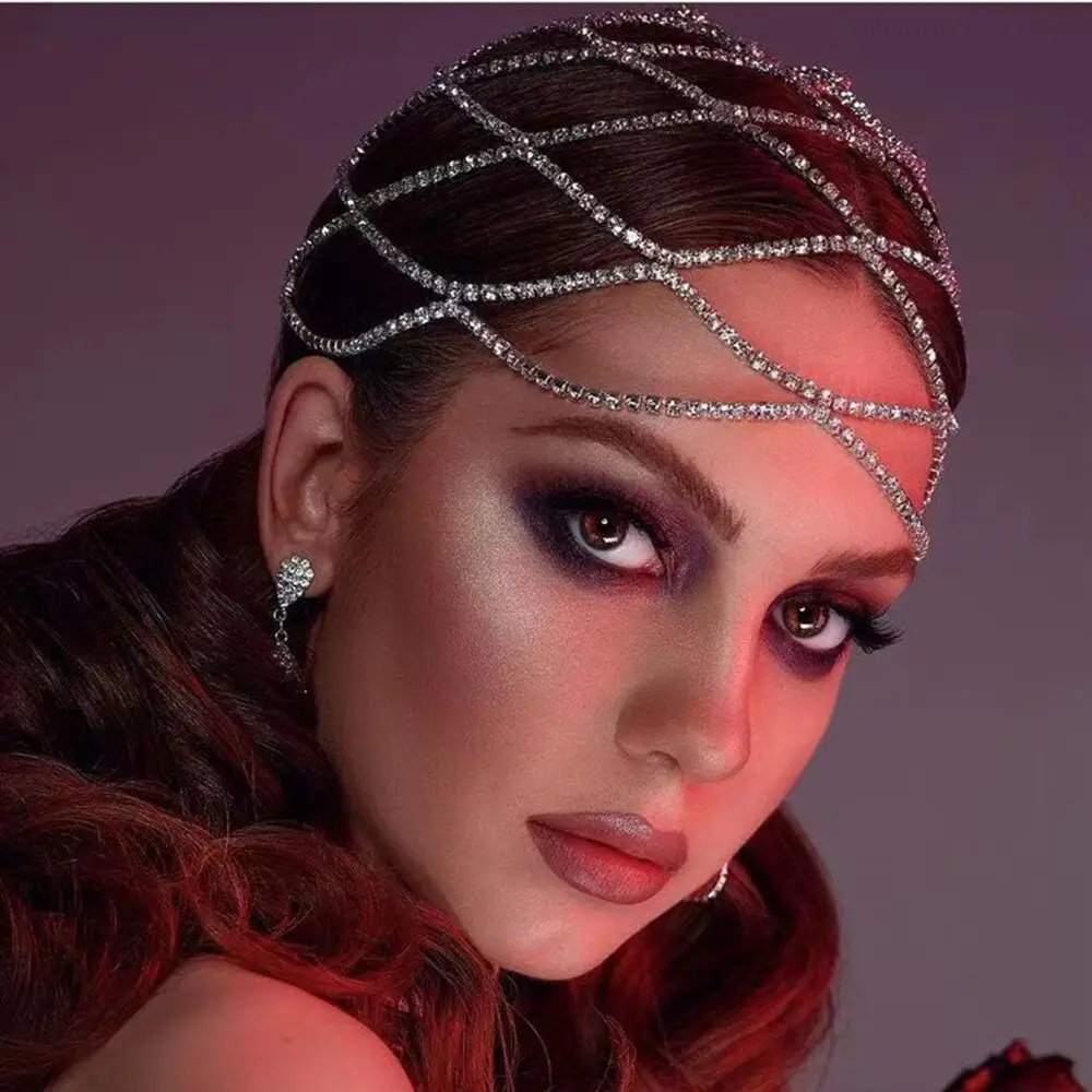 European American Bridal Rhinestone Headband Tassel Mesh