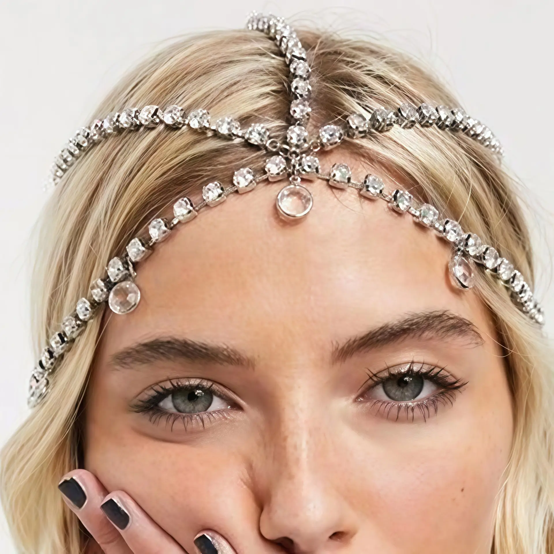 European American Bridal Rhinestone Headband Tassel Mesh