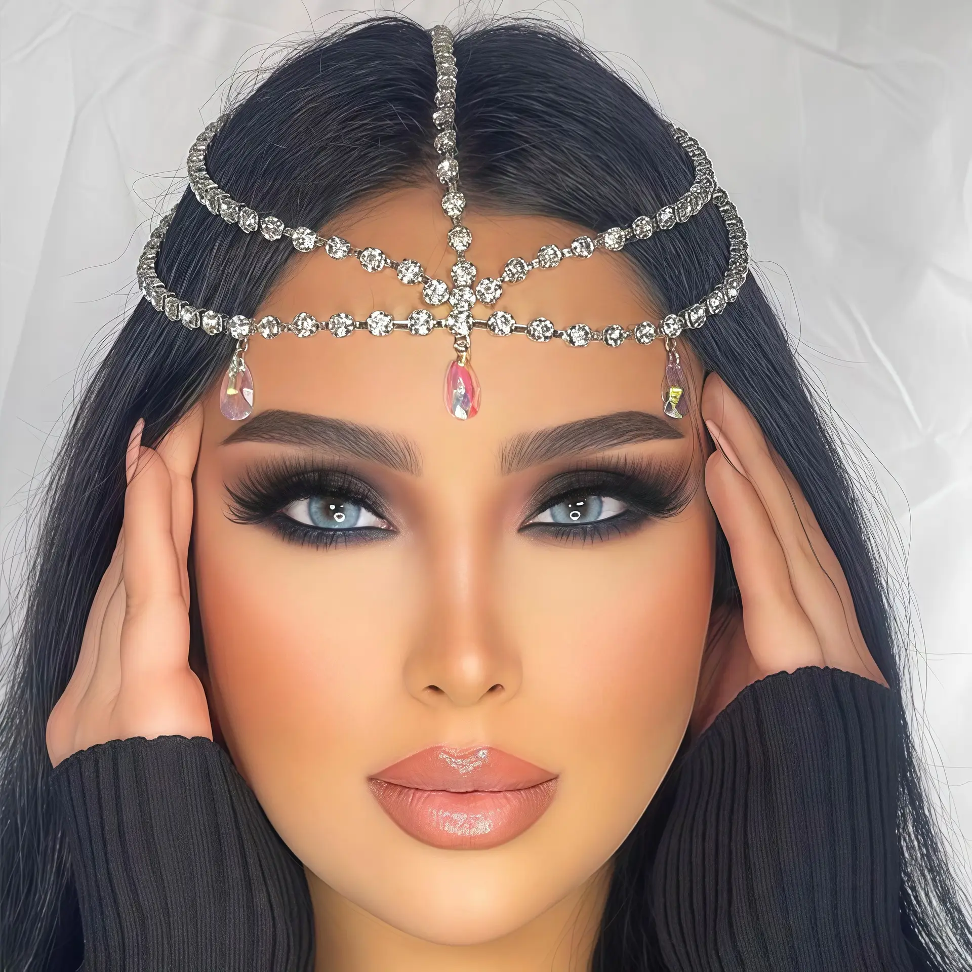 European American Bridal Rhinestone Headband Tassel Mesh
