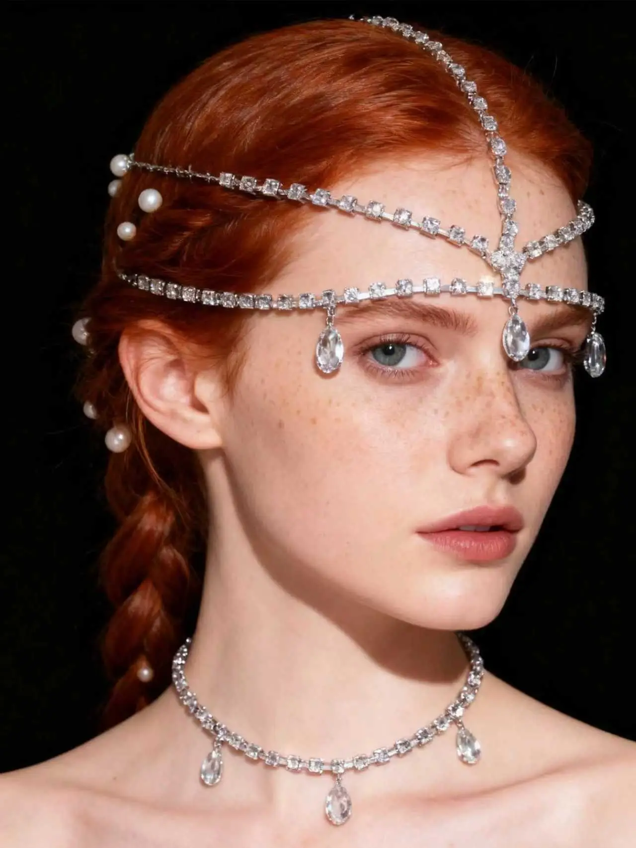 European American Bridal Rhinestone Headband Tassel Mesh