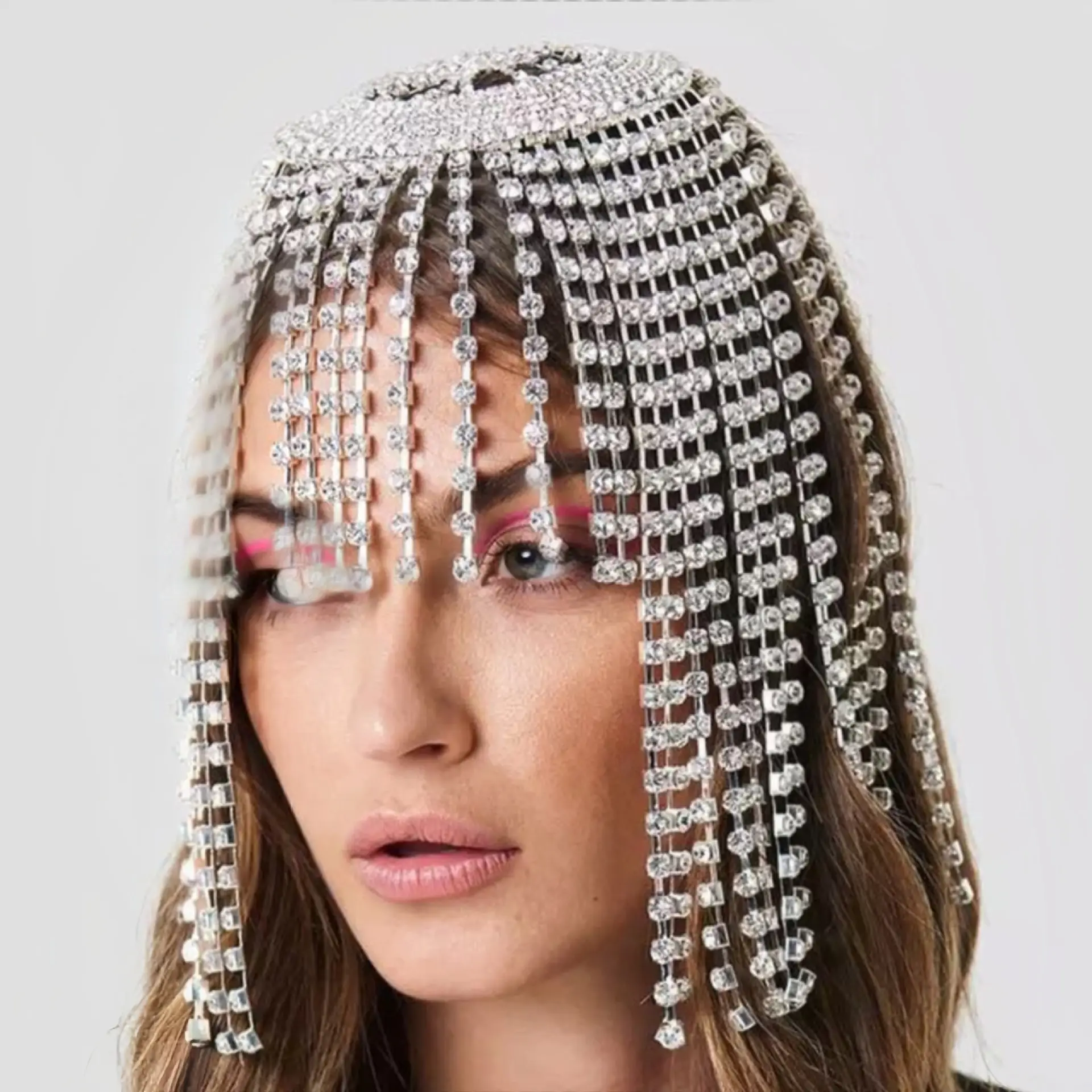 European American Bridal Rhinestone Headband Tassel Mesh