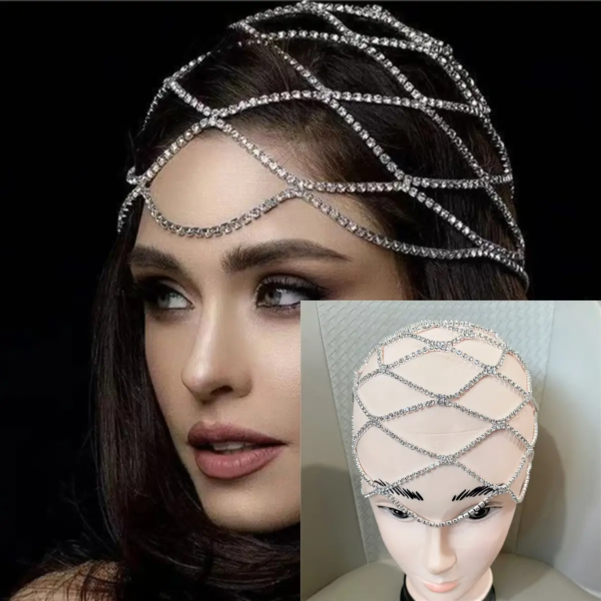 European American Bridal Rhinestone Headband Tassel Mesh