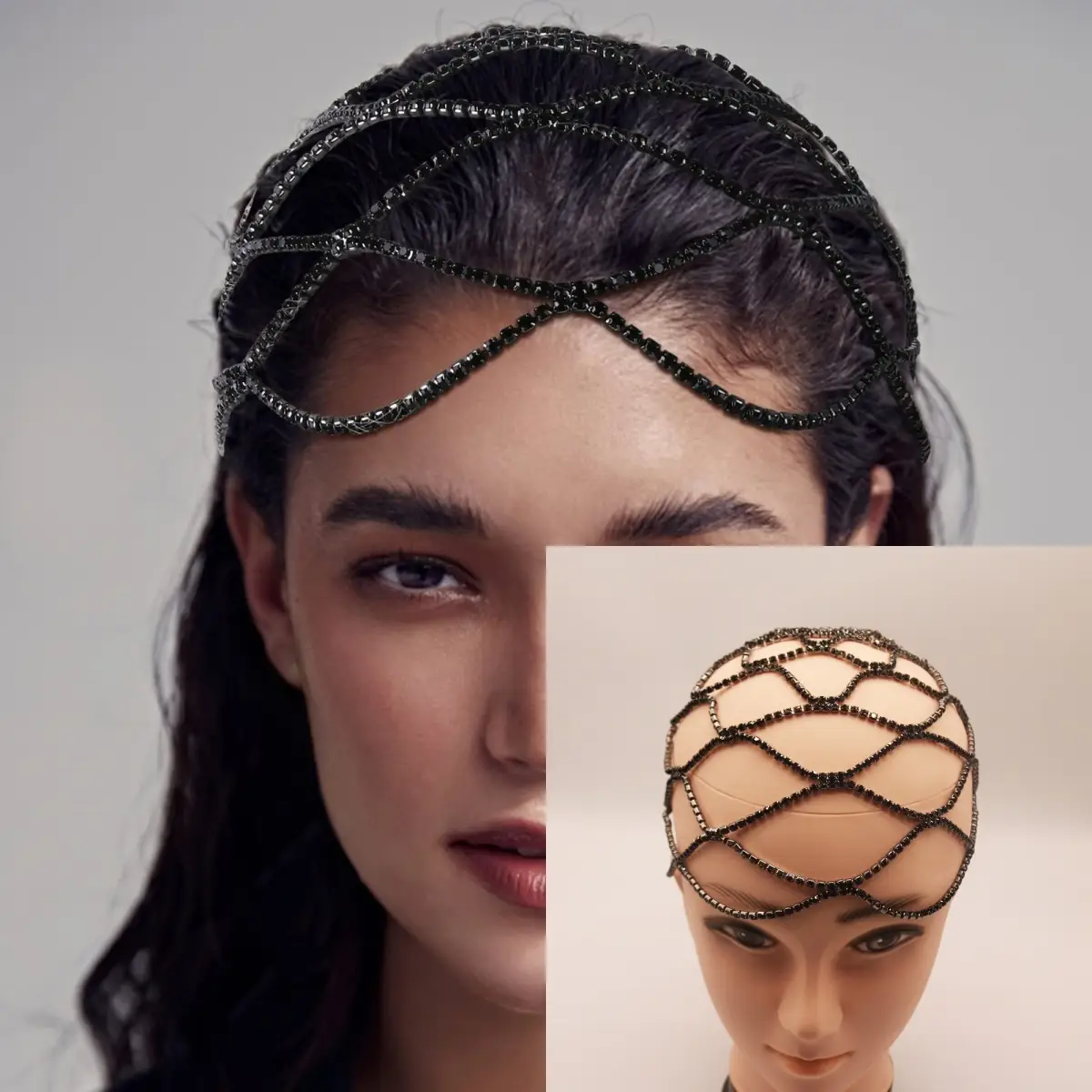 European American Bridal Rhinestone Headband Tassel Mesh