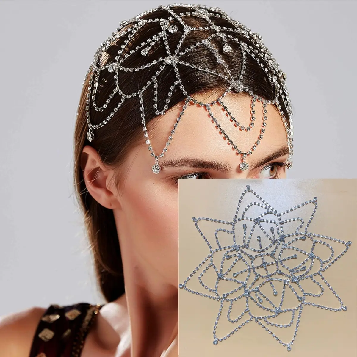 European American Bridal Rhinestone Headband Tassel Mesh