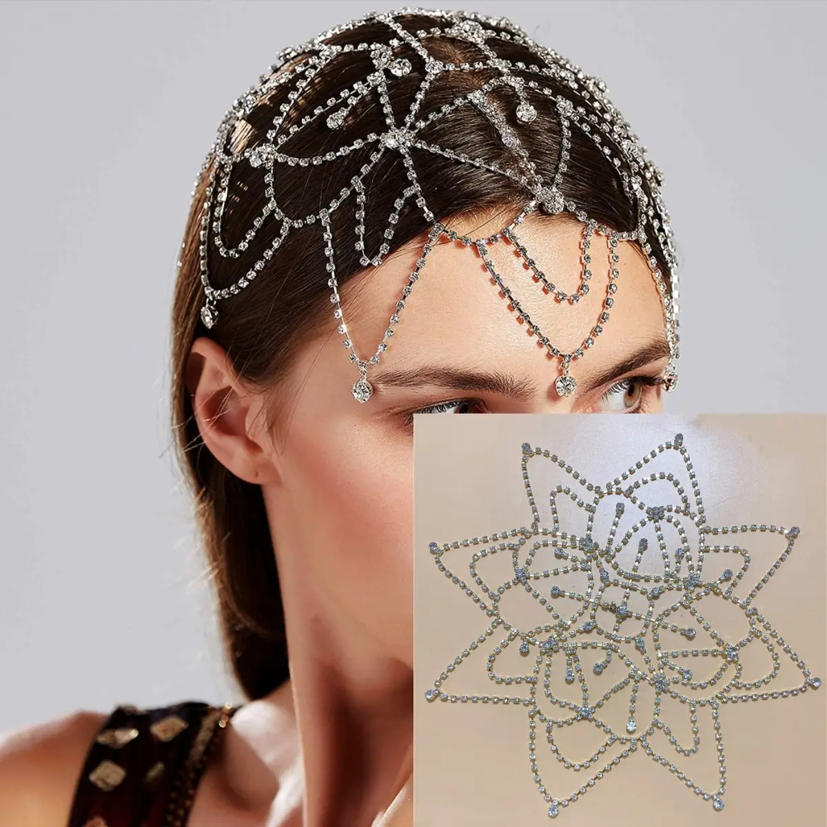European American Bridal Rhinestone Headband Tassel Mesh