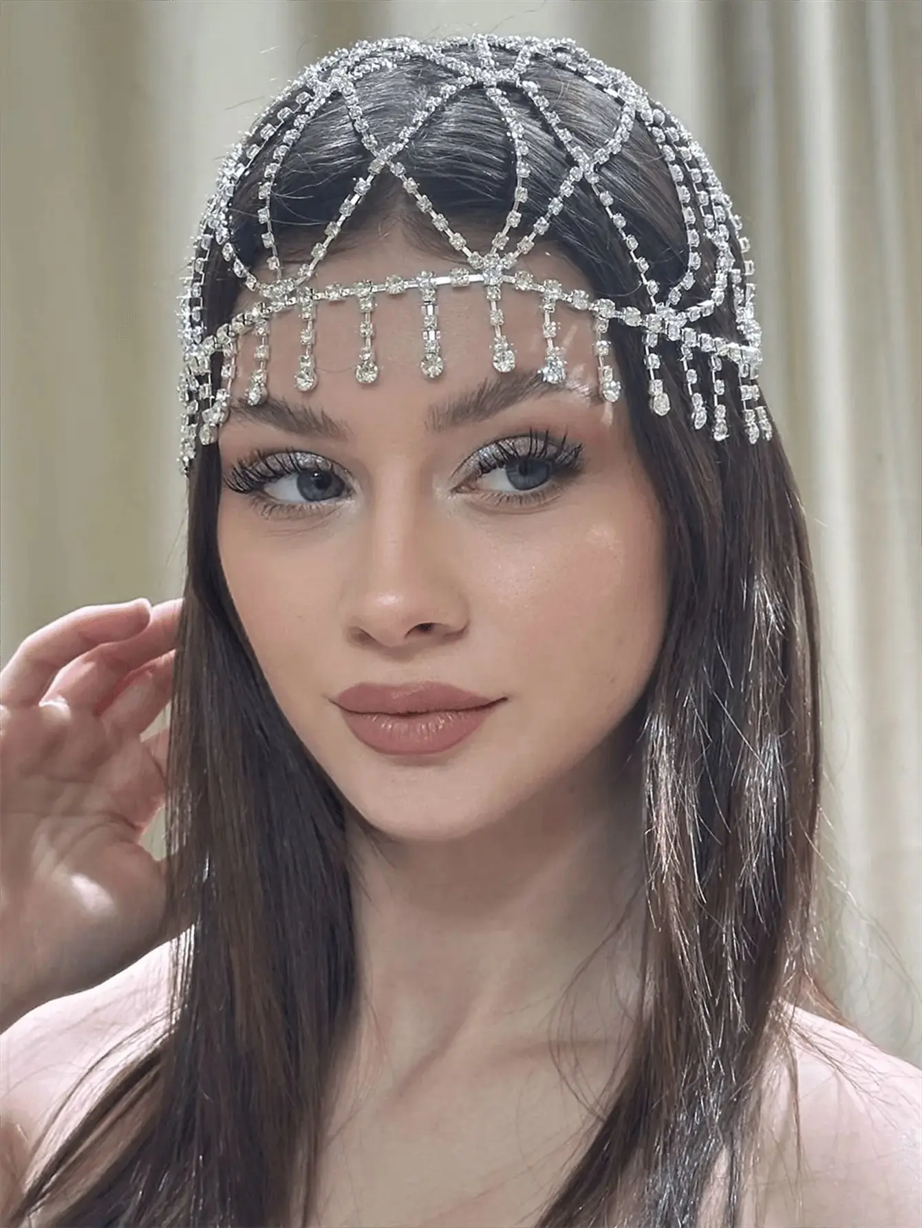 European American Bridal Rhinestone Headband Tassel Mesh