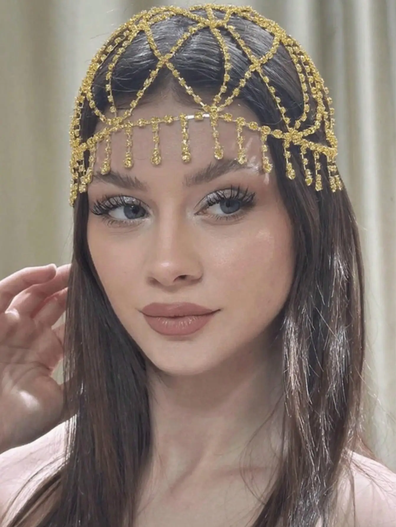 European American Bridal Rhinestone Headband Tassel Mesh