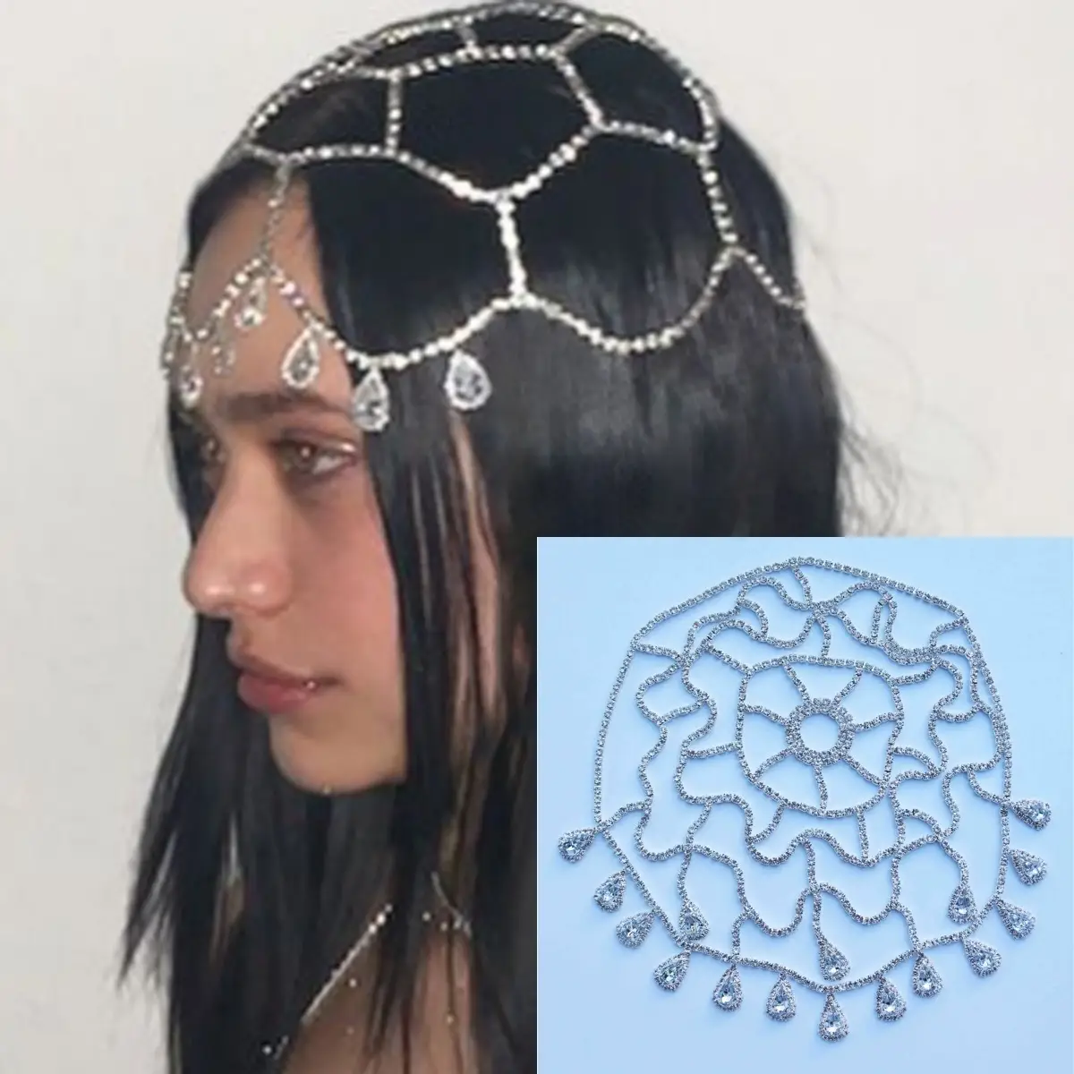 European American Bridal Rhinestone Headband Tassel Mesh