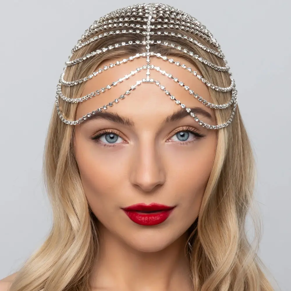 European American Bridal Rhinestone Headband Tassel Mesh