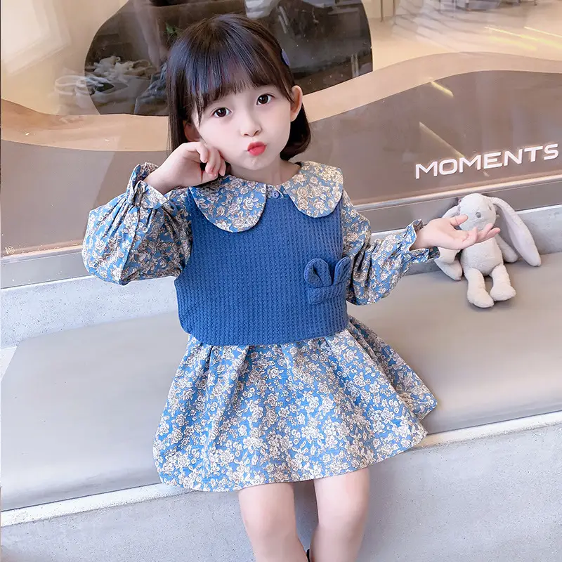 Girl's Blue Floral Rabbit Ears Dress Set Medium - Image 5