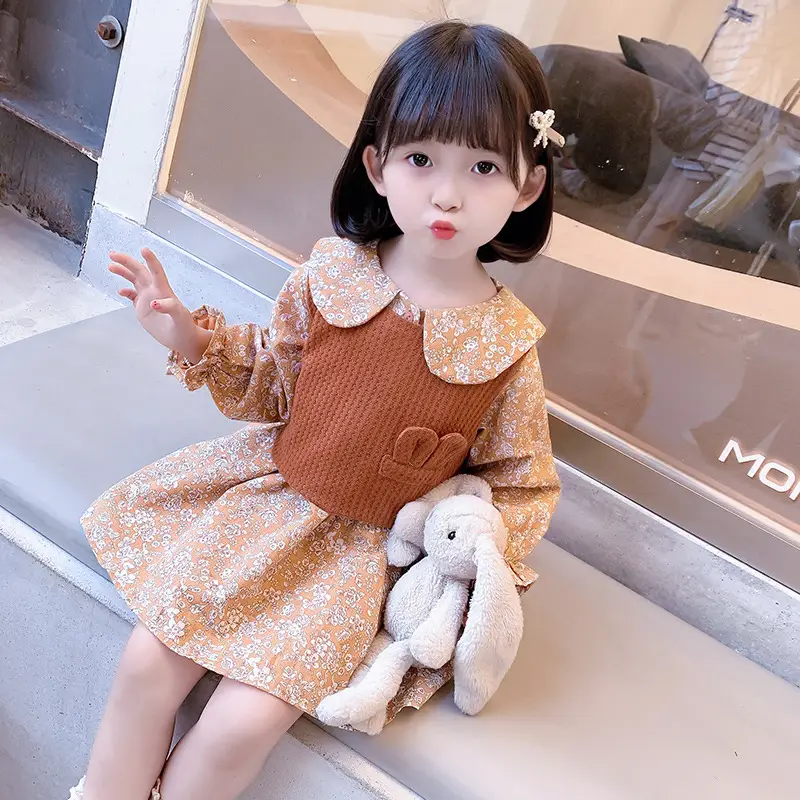 Girl's Blue Floral Rabbit Ears Dress Set Medium - Image 2