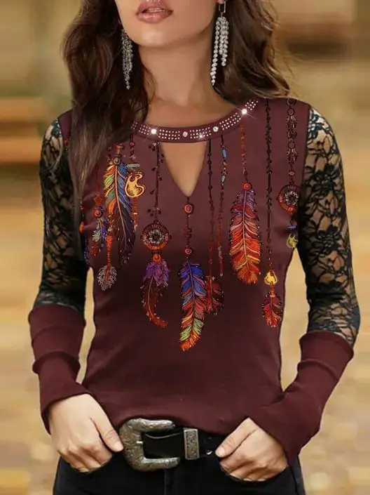 2023 Printed Feather Long Sleeve Top Black - Image 3