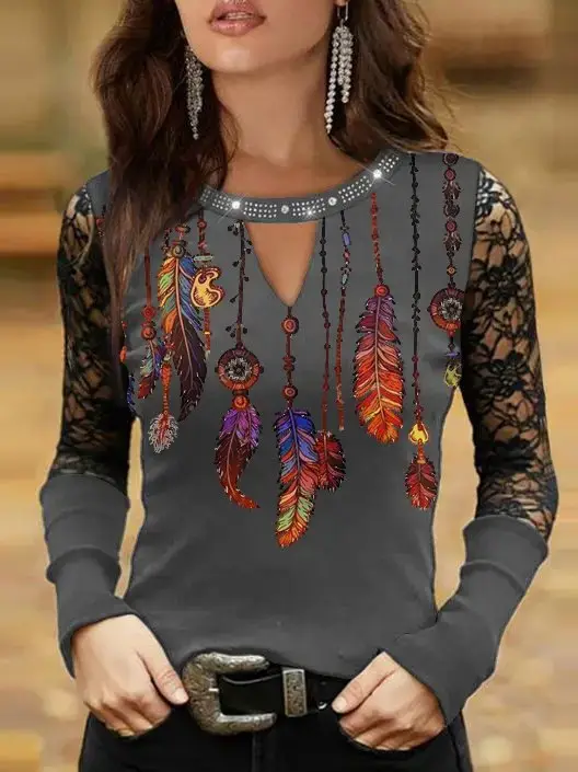 2023 Printed Feather Long Sleeve Top Black - Image 2
