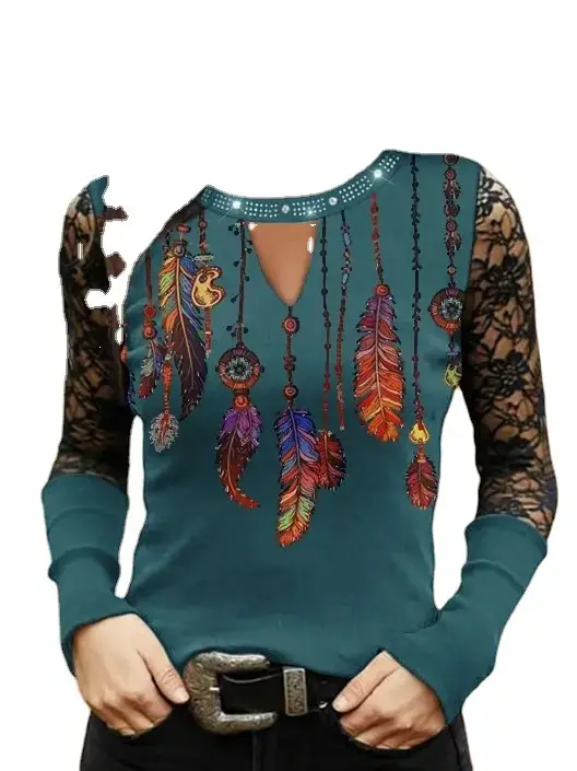 2023 Printed Feather Long Sleeve Top Black - Image 6