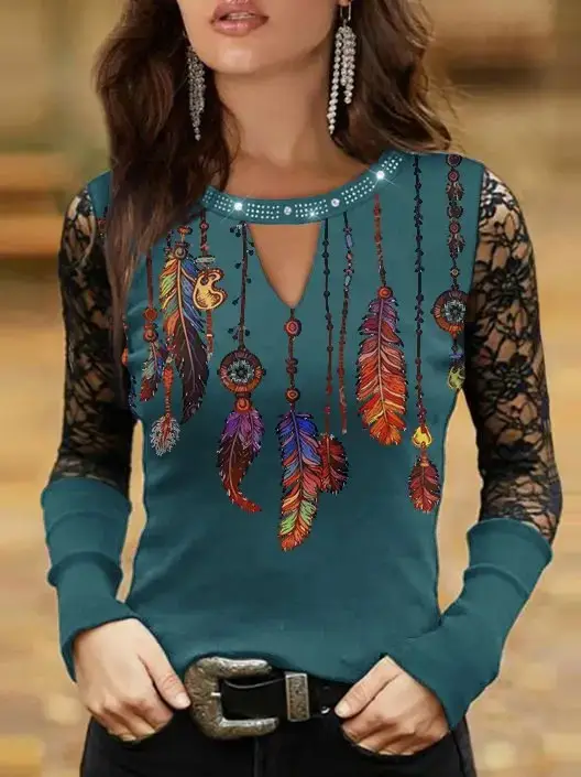 2023 Printed Feather Long Sleeve Top Black - Image 4