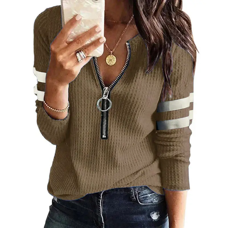 2022 Women Zipper V Collar T-Shirt Jacket Grey - Image 10