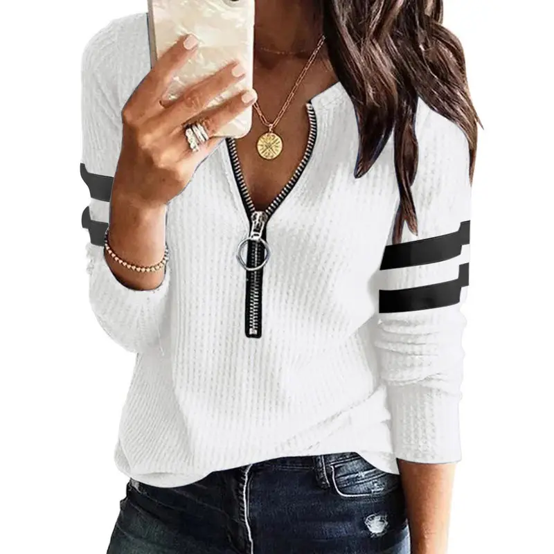 2022 Women Zipper V Collar T-Shirt Jacket Grey - Image 2