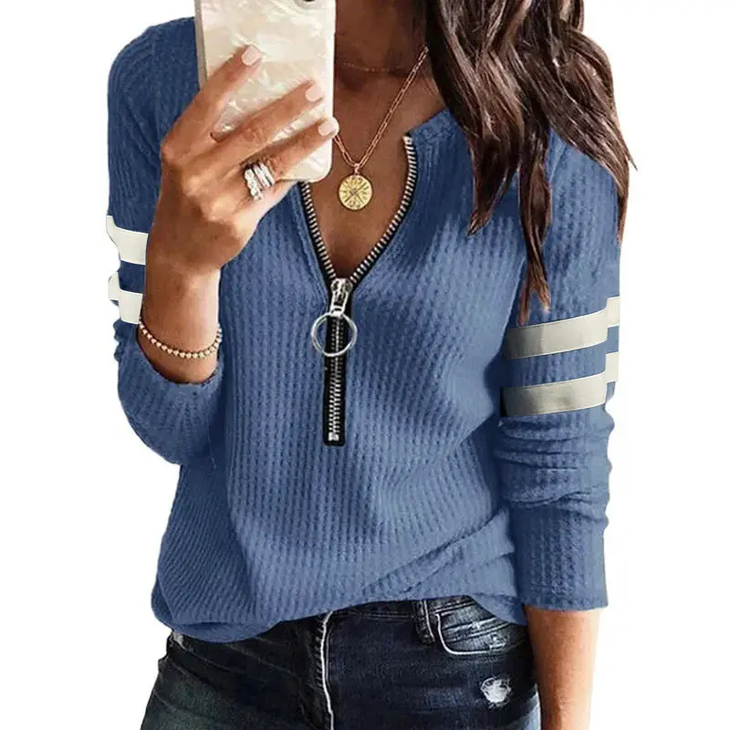 2022 Women Zipper V Collar T-Shirt Jacket Grey - Image 4
