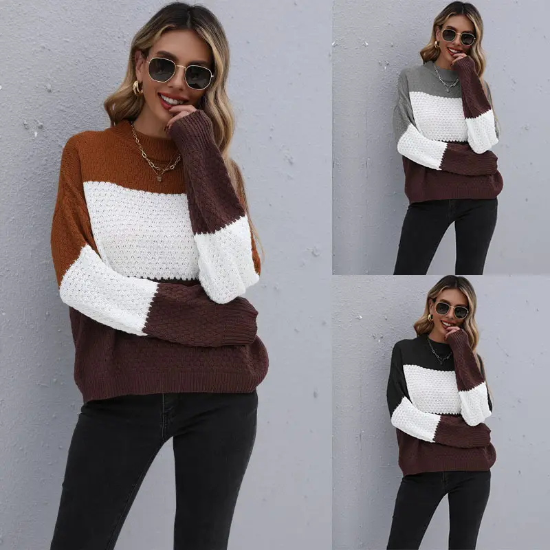 Yiyi Knitted Cross-Border Sweater Brown White Round Neck Casual - Image 4