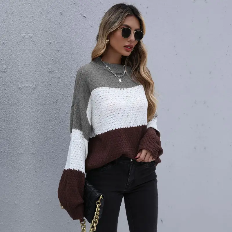 Yiyi Knitted Cross-Border Sweater Brown White Round Neck Casual - Image 5