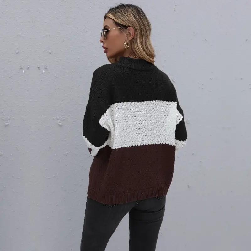 Yiyi Knitted Cross-Border Sweater Brown White Round Neck Casual - Image 6