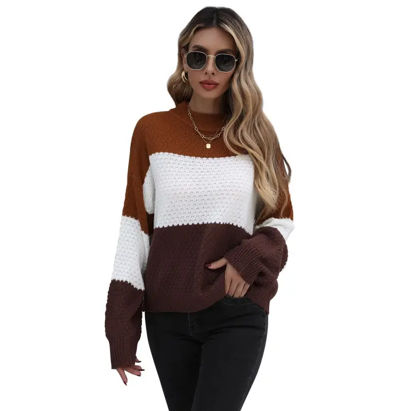 Yiyi Knitted Cross-Border Sweater Brown White Round Neck Casual - Image 7