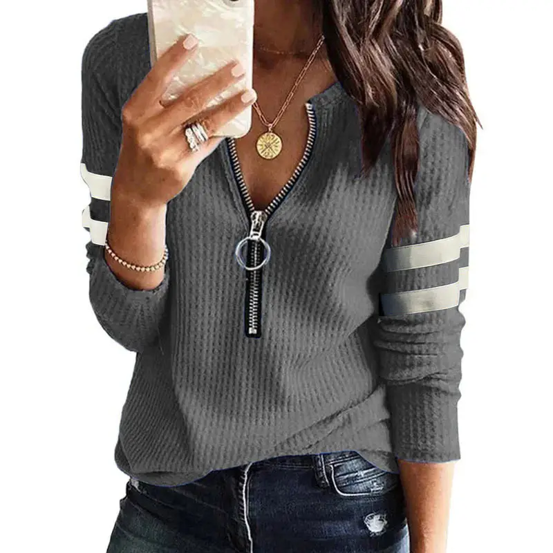 2022 Women Zipper V Neck Long Sleeve T-Shirt Blue - Image 5