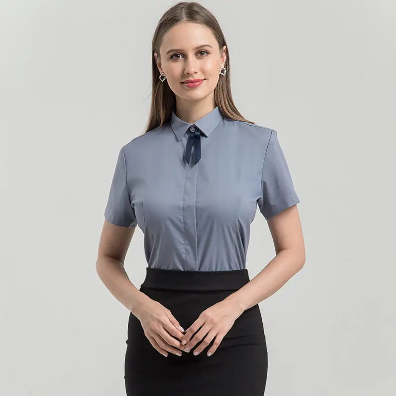 Women Short Sleeve Shirt with Bow Tie & Hidden Placket - Image 5
