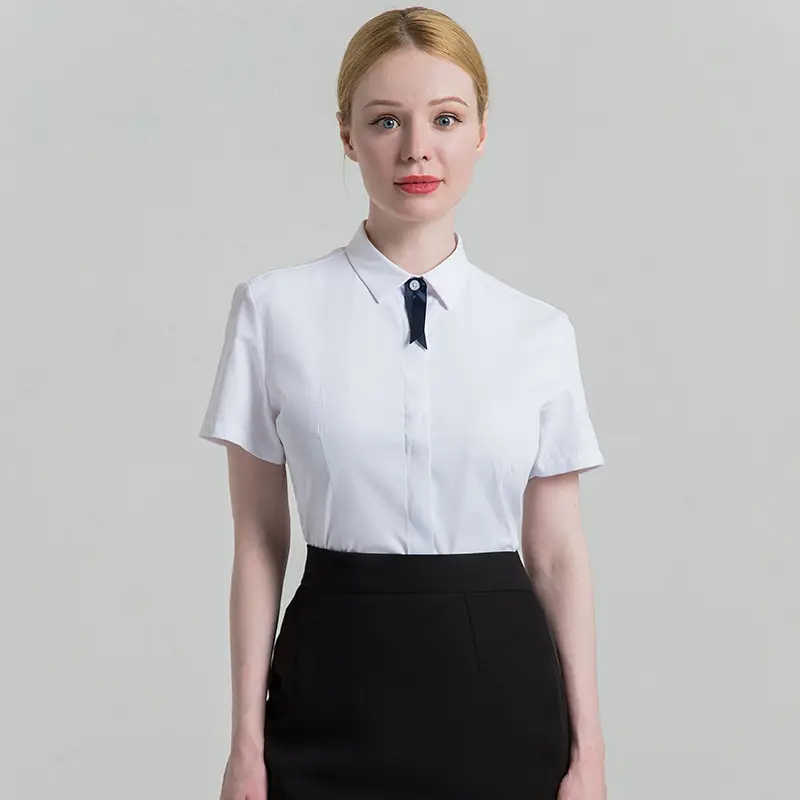 Women Short Sleeve Shirt with Bow Tie & Hidden Placket - Image 6