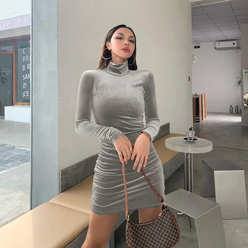 Maroon Long Sleeve Slim Fit Dress with High Collar - Image 6