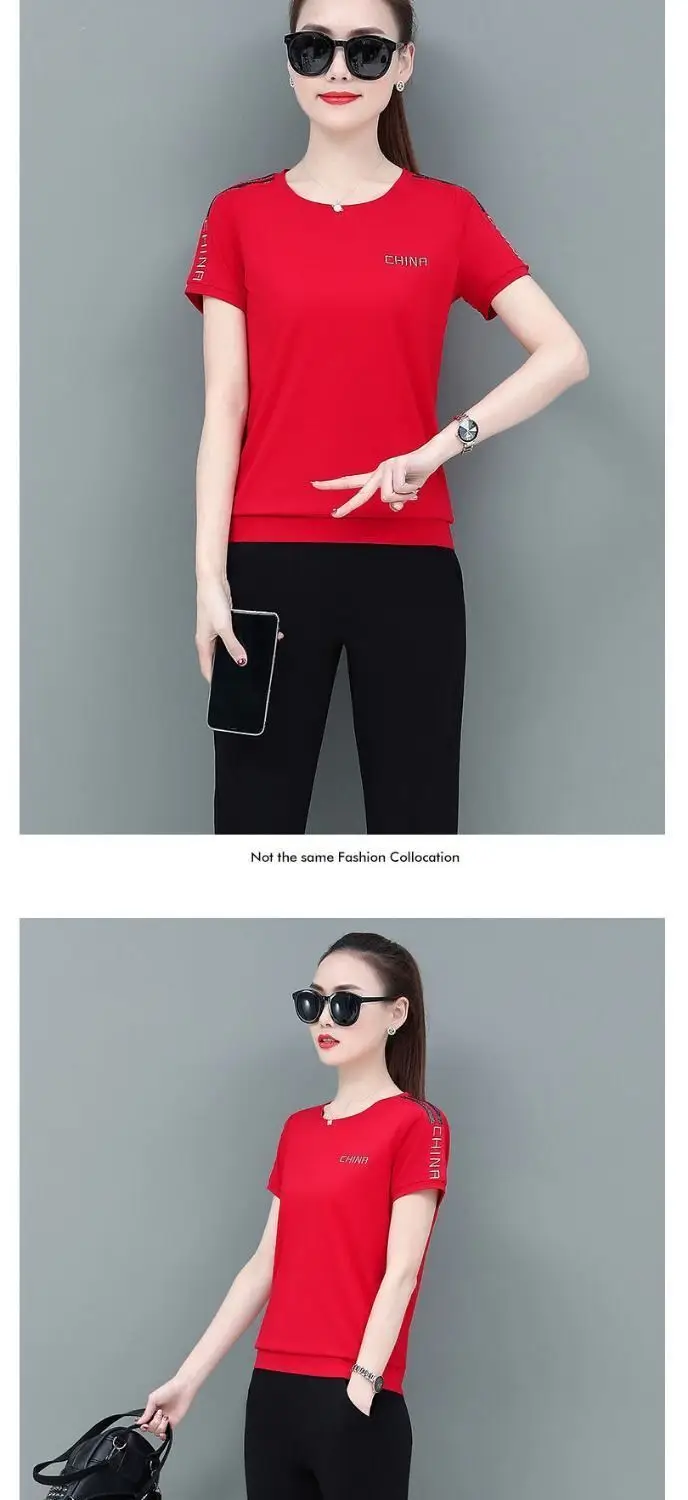 Women Red Casual Sports Suit Summer Two-Piece Loose Fit — feature 15