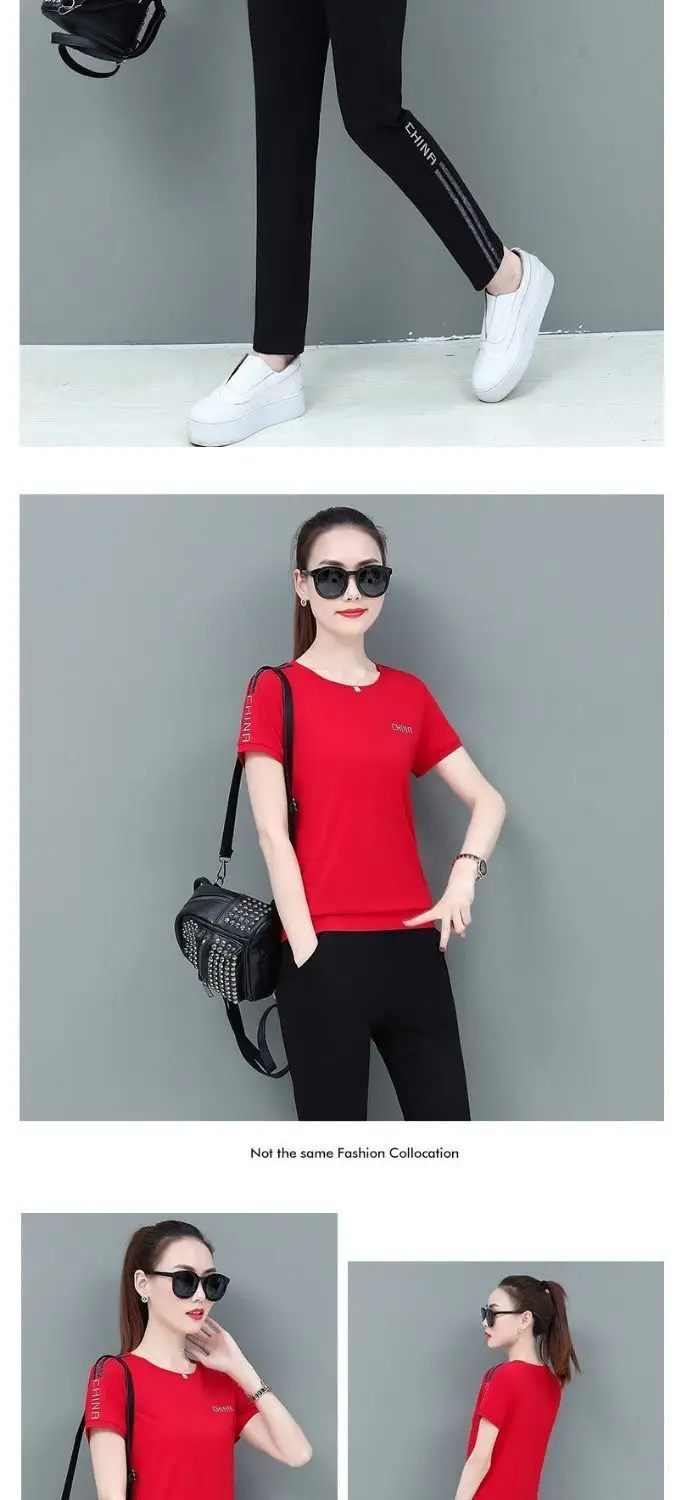 Women Red Casual Sports Suit Summer Two-Piece Loose Fit — feature 16