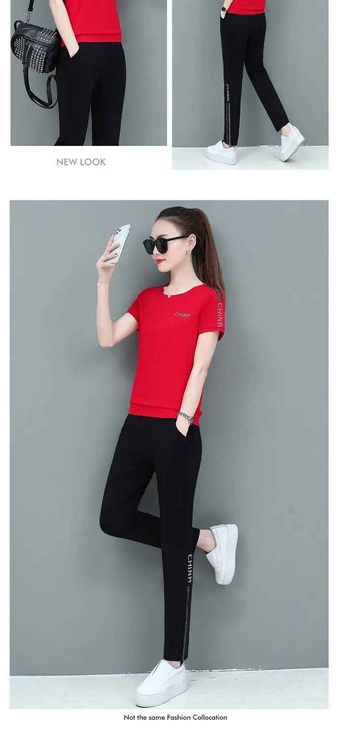 Women Red Casual Sports Suit Summer Two-Piece Loose Fit — feature 17
