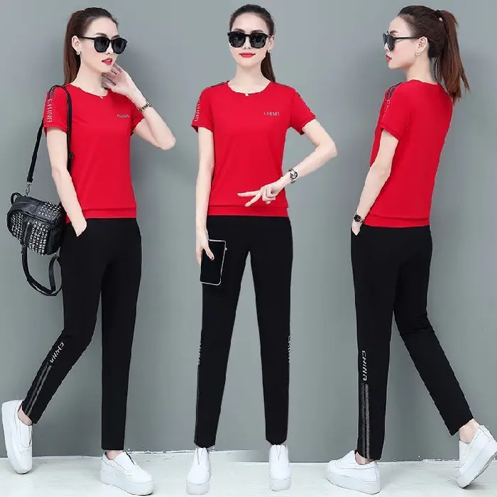 Women Red Casual Sports Suit Summer Two-Piece Loose Fit - Image 2