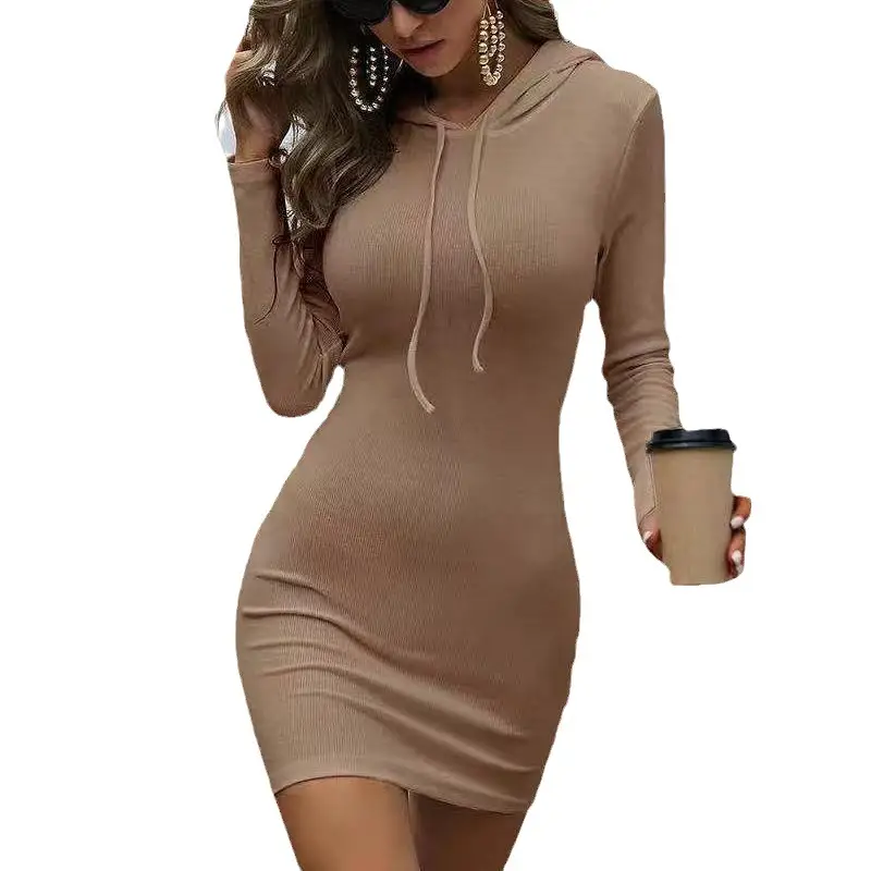 Long Sleeve Hooded Hip Skirt Dress for Women Black - Image 11