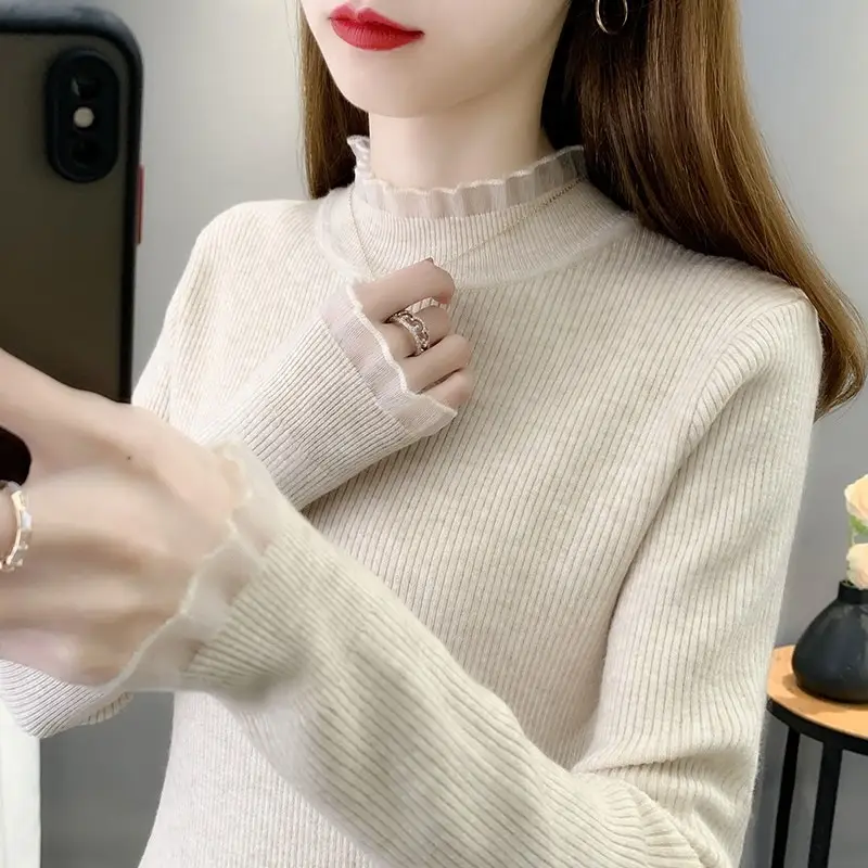 Women Lace Spliced Half Turtleneck Sweater 2025 - Image 5