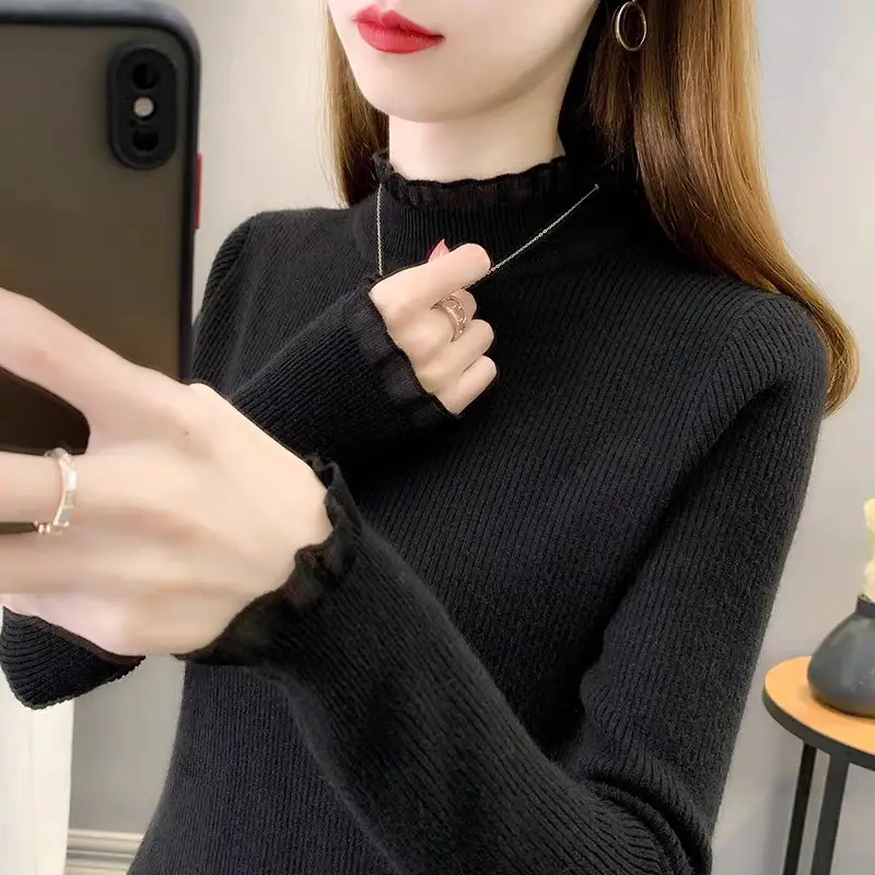 Women Lace Spliced Half Turtleneck Sweater 2025 - Image 6