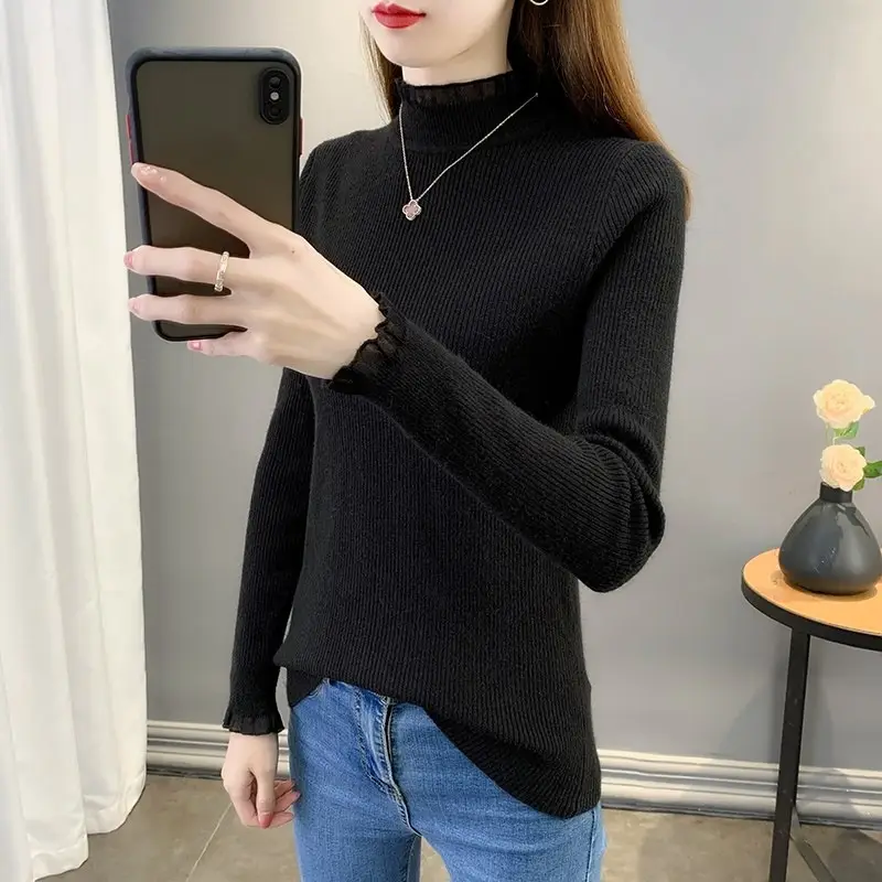 Women Lace Spliced Half Turtleneck Sweater 2025 — feature 4