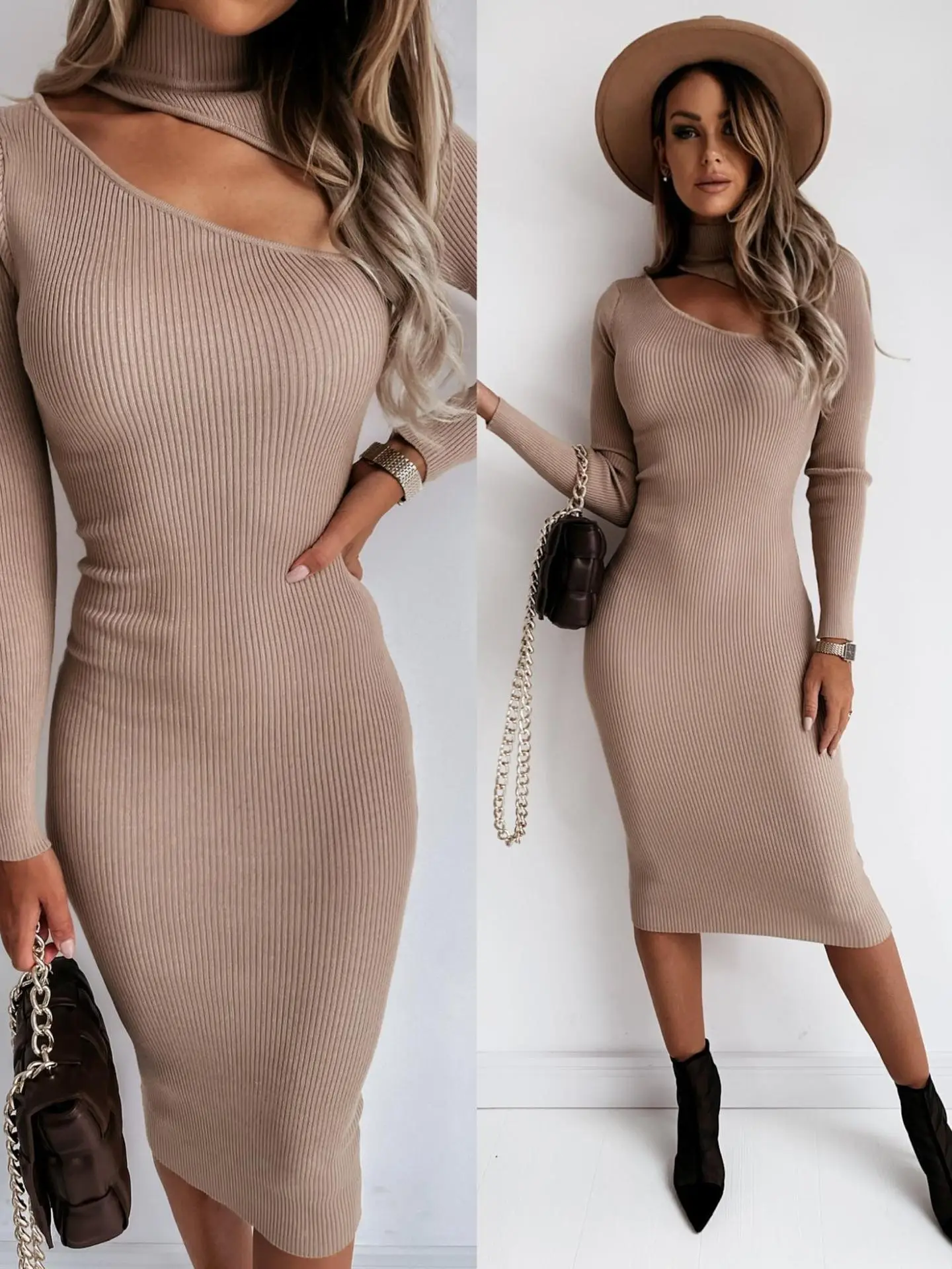 Black Knitted Long Sleeve Dress for Women - Image 3