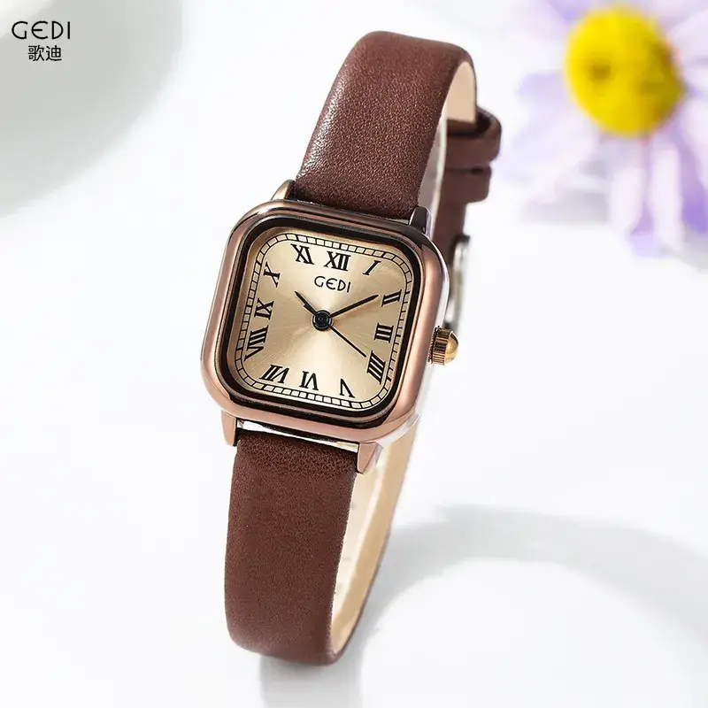 Vintage Women's Square Watch Brown Leather Band - Image 6